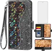 [Asuwish] Phone Case for Google Pixel 8 Pro 5G Wallet Cover with Screen Protector and Wrist Strap Flip Credit Card Holder Bling Glitter Stand Cell Pixel8Pro Pixel8 XL Eight 8Pro Women Girls Black