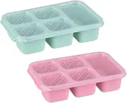 Lunch Containers 2 Pack 5 Compartment Snack Bento Boxes with Clear Lids Reusable Wheat Straw Food Containers for Work Travel (Green+Pink)