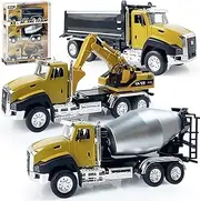 1/50 Scale Metal Model Cars, 3 Pack of Engineering Construction Vehicles, Dump Truck, Digger, Mixer Truck, Pull Back Car Toys with Opening Doors for Boys and Girls (Construction Vehicles)