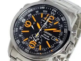 【金台鐘錶】SEIKO 精工SSC077P1   黑橘面盤 計時碼表 環保光動能 石英錶