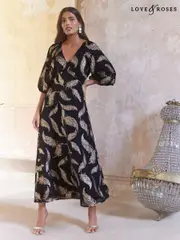 Love & Roses Black Petite Feather Metallic Puff Sleeve Midi Dress (AU5823) | $109
