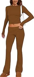 [AXKLBU] Women's Yoga Lounge Sets Crew Neck Long Sleeve Crop Tee and Low Rise Flare Pants Tracksuit Slim Fit Two Piece Outfits