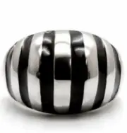 Stainless Steel Stripes Cocktail Ring Size 8 Silver Black Enamel Dome Statement