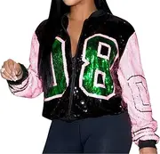 [Recious] Womens Sexy Long Sleeve Zipper Sparkle Sequins Party Clubwear Casaul Bomber Coat Jackets
