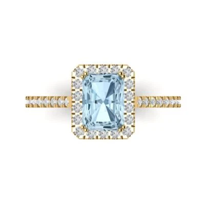 1.96Ct Emerald Cut Natural Swiss Blue Topaz Solid Gold Halo Engagement Ring