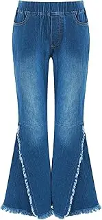 [Riismen] Kids Girls Ripped Denim Jeans Washed Blue Raw Hem Bell Bottoms Jeans Elastic Waist Flared Pants