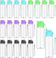 Pack of 20 Plastic Sports Water Bottles, 530 ml, Transparent, Reusable Drinking Bottles Set with Carry Strap, Leak-Proof Flip-Top Water Bottle for Adults and Children, School, Gym