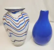 Studio Art Glass Pair of Blue Vase Swirl Hand Blown Thick Heavy