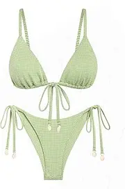 [seamoly] Contrast Color Red Gingham Spliced High Leg Cheeky Bikini Set, Green, Medium