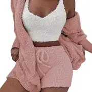 [VNVNE] Womens Sexy Fuzzy Warm Sherpa Fleece 3 Piece Outfit Fleece Coat Jacket Outwear and Spaghetti Strap Crop Top Shorts Set
