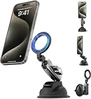 Magnetic Aluminum Suction Cup Car Phone Holder Mount, 360° Adjustment Car Phone Mount Dashboard Phone Holder for Magsafe, Windshield Window Dash Vent Phone Holder for iPhone Samsung Android