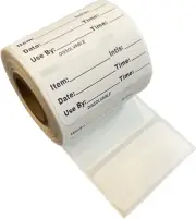 Pre-Printed White 1" x 2" Dissolvable Labels for Food Prep Roll 1 Roll of 500