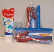 TWO Brush Buddies Hot Wheels Kids Toothbrush With travel Bag 1-Toothpaste 3.5 Oz