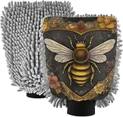 XYMZR Honey Bee Floral Absorbent Microfiber Car Wash Mitt, Funny Cute Anime Scratch Free for Cars Cleaning, Home Cleaning Mitts, 2 Pack, 10.24” L x 7.09” W