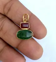 Natural Emerald Or Ruby 18k Gold Charm For Necklace Or Bracelet