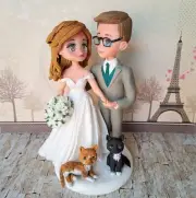Wedding cake topper bride and groom with cats, pets wedding cake topper figurine