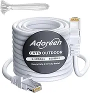 Cat 6 Outdoor Ethernet Cable 100 Ft White, High Speed Heavy Duty Long Internet Network Cable for POE Camera Cat 5 5e RJ45 LAN Patch Cable Cord, Sturdy Waterproof Direct Burial+25 Ties