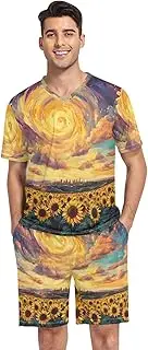 [GAIREG] Cute Mens Pajama Set Short Sleeve V Neck 2 Piece Nightwear with Pockets Summer S-XXL, Sunflower Field With Swirling Sky, Medium