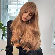 ZHTHSUNY 24" Synthetic Natural Long Wave Wigs with Neat Bangs for Women (Strawberry Blonde)