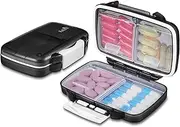 Fullicon 2 Pack Travel Pill Organiser, 4 Compartments Portable Pill Box, Moisture Proof Small Pill Case with Labels, Travel Pill Organizer with Double Lock, Pocket Pharmacy for Vitamin & Fish Oil (Black)