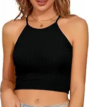 [SHEKINI] Women Sexy U-Neck Crop Tops Padless Workout Tank Tops Spaghetti Strap Racerback Bra Vest Undershirts, Black, M