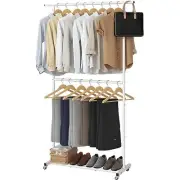 Double Rod Clothing Garment Rack, Rolling Coat Hanger with Bottom Mesh,