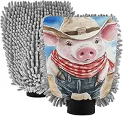 XYMZR Absorbent Microfiber Car Wash Mitt Pig Cowboy Cactus, Funny Cute Anime Scratch Free for Cars Cleaning, Home Cleaning Mitts, 2 Pack, 10.24” L x 7.09” W
