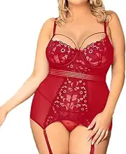 [GaliaFaya] Plus Size Lingerie Sexy Chemise and Panty Set Babydoll Lingerie with Garter Straps Floral Lace Deep V Teddy Bodysuit Garter Belt