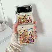 for Samsung Z Flip 5 Glitter Quicksand Case for Samsung Galaxy Z Flip 5 4 3 ZFlip 5 flip4 Gradient Love Heart Bling Cover,Gold,for Samsung Z Flip 3
