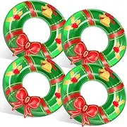 Seenelling 4 Pcs Christmas in July Pool Floats Christmas Inflatable Wreath Pool Float Tube with Bowknot Swim Pool Ring Fun Pool Toys Christmas in July Decorations for Adults Swimming Pool Beach Party
