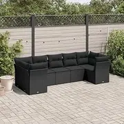 7 Piece Outdoor Garden Sofa Set with Cushions, Black Poly Rattan Patio Furniture, UV Resistant, Modular Design, Durable Weatherproof Wicker, Includes 3 Centre Seats & 4 Corner Chairs