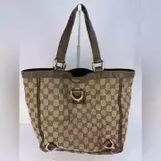 Gucci Abbey Tote Bag Canvas Brown Leather Straps Interior Zip Pocket