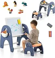 HONEY JOY Kids Table and Chair Set, Double-Sided Toddler Art Easel & Stool w/66PCS Building Blocks, Standing Activity Drawing Board w/Storage Box, Eraser & Markers for Painting Learning Reading, Blue