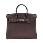 HERMES 愛馬仕 BIRKIN 牛皮銀釦手提柏金包-25CM(深咖)