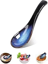 Japanese Style Ceramic Soup Spoon Set of 2 - Blue Asian Ramen Spoons, Retro Porcelain for Chinese, Oatmeal, Stews, Udon, Pho, Wonton, Dumpling, Miso - Dishwasher Safe