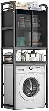 Bathroom Storage Rack with Glass Cabinet Door and Large Capacity Multifunctional for Washing Machine or Toilet 4 Layer Iron Unit in Black L65CM
