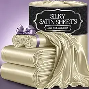 DECOLURE Satin Bed Sheets - 4 Piece Luxury Silky Queen Size Bedding Set - Softer Than Silk, Wrinkle-Free with 15” Deep Pocket Fitted Sheet, Perfect for Hair & Skin, Gifts for Women (Champagne)