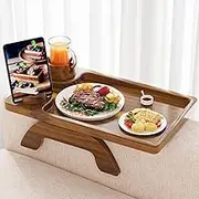 Acacia Wood Couch Arm Tray Table, Smart Design Wooden Sofa Arm Tray, Armrest Trayble on Couch with 360° Cup/Phone Holder, Clip Trays Side Table for Arm Rest, Arm Chair Tables Tray for Eating,Dinner