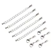 10Sets Fold Over Cord Ends with Lobster Claw Clasp Extender Chain 2mm Silver