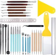 Glarks 30Pcs Carving Modeling Clay Sculpting Tool Set Including Ball Stylus, Dual-End Dotting Clay Tool, Pottery Sculpture Tool, Silicone Tip Pens, Scraper, Ruler, Acrylic Clay Roller, Acrylic Sheet
