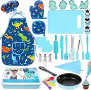 SUPERGFS Kids Cooking & Baking Set - Pretend Play Cooking Toys with Dinosaur Apron, Chef Hat & Storage Case - Kitchen Theme - Children's Toy