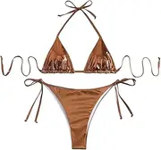 [XolngYYeng] Women's Metallic Shiny Bathing Suit High Waisted Triangle Tie Side Swimsuit Bikini Set