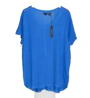 TAHARI Blue 100% Linen V-Neck Short Sleeve Hi-Low Hem Tunic Top Size 3X NWT
