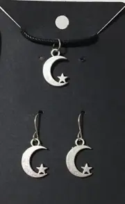 Silver Moon & Star Earrings Necklace Set 18” Black Cord