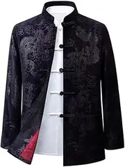 [NTWSHS] Chinese Clothing Mens Chinese Traditional Long Sleeve Tang Suit Costume Dragon Totem Martial Art Jacket Kung Fu Clothing Tops Coats Cotton Linen Tai Chi Clothes Zen Meditation Unifor(Black,Large)