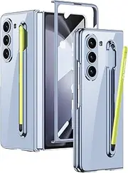 Fashionable and Shockproof Transparent Phone Case with Screen Protector and Pen Holder, for Samsung Galaxy Z Fold5 case (Light Blue,for Galaxy Z Fold5)