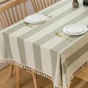 Trudelve Cotton Linen Tablecloth Green Striped Rectangle Tablecloths with Tassel