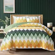 Yellow Green Rhomb Plaid Quilt Set 3pc King Size Reversible Coverlet Bedspread Set Soft Microfiber Lightweight Summer Quilt Bedding Set Bed Cover for All Season 102 * 88