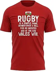[Purple Print House] Mens Funny Rugby is A Simple Game Wales T Shirt Win Cymru Supporter Tee Welsh Flag Top