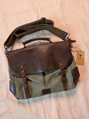 Leather Canvas Men 16” Laptop Briefcase Crossbody Messenger Shoulder Bag Satchel